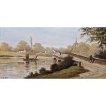 F Lynne Oil on canvas River scene with a sail boat approaching a bridge and a steeple in the