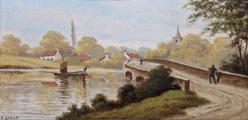 F Lynne Oil on canvas River scene with a sail boat approaching a bridge and a steeple in the