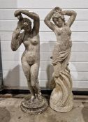 Near pair of reconstituted stone figures in the form of semi-nude classical figures, 86cm high (2)