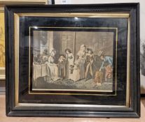 Pair of colour engravings showing late 18th century conversation piece scenes, painted by W R Brigg,
