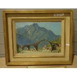 E P Holroyd Oil on board Continental scene with bridge in the foreground, mountains in background,