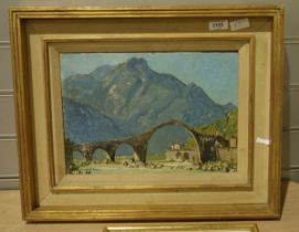 E P Holroyd Oil on board Continental scene with bridge in the foreground, mountains in background,