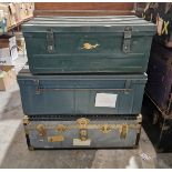 Two vintage tin trunks and a metal trunk (3)