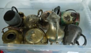 Various brassware to include coffee pot, biscuit barrel, teapot, etc, a pair of Dogs of Fo,