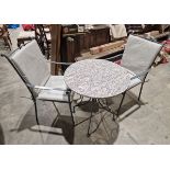 Grey marble topped, metal based , circular garden table ( 70 cms diam) with a pair of aluminium grey