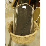 Two folding spark guards, a large wicker basket and a riding crop (4)