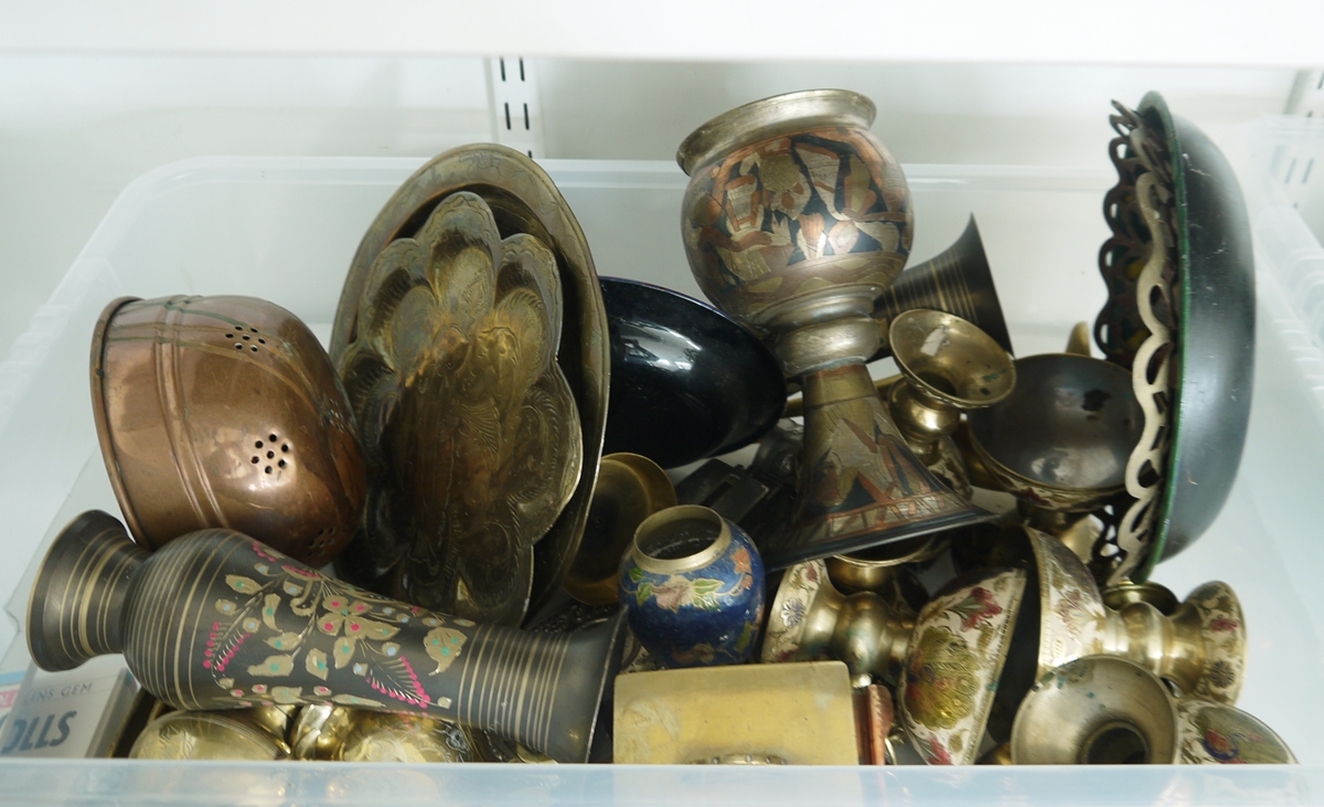 Assorted Oriental-style metalware to include decorated copper, inlaid brass, a warming pan, assorted