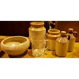 Earthenware kilner jars, two flagons, a glass water jug and a ceramic planter (1 box)