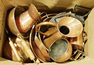 Large copper pan, three brass pans with metal handles, a set of three brass saucepans, a copper