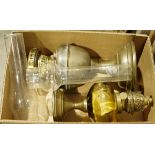 Two brass companion sets and two paraffin lamps with chimneys (1 box plus)