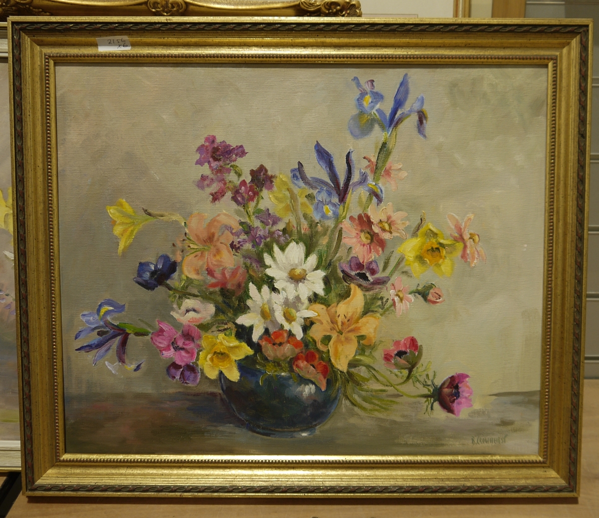 B Crowhurst Oils on canvas Still life vase of flowers to include iris, daffodils, daisies, lilies, - Image 5 of 5