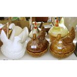 Collection of ceramic egg baskets modelled as hens sitting on baskets and a ceramic swan vase