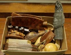 Large quantity of treen to include salad bowls, containers, pair of wooden clogs, carved wooden cat,