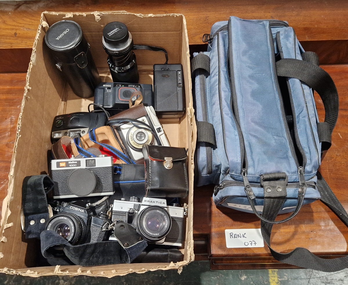 Tamron No.2 camera lens, a Cosina CT-1A camera, a Praktica Pentacon camera, an Ilford Sporti camera,