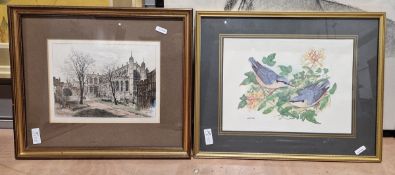 Five assorted framed prints to include a view of St Georges Chapel, Windsor, a botanical print, a
