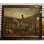 Unattributed Oil on board Huntsman carrying a French horn, on a grey horse with hounds coming out of