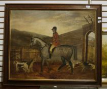 Unattributed Oil on board Huntsman carrying a French horn, on a grey horse with hounds coming out of