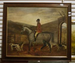 Unattributed Oil on board Huntsman carrying a French horn, on a grey horse with hounds coming out of