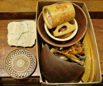 Quantity of assorted boxes to include painted lacquer, a sandstone face clock, salad bowls, letter