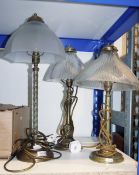 Three various brass table lamps with glass shades (3)
