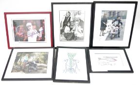 Collection of autographed prints and photos including Caroline Munroe, Emma Raducanu, Jodie Comer,