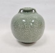 Chinese Ming-style Longquan Celadon globular two handled vase, probably 19th/20th century, moulded
