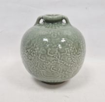 Chinese Ming-style Longquan Celadon globular two handled vase, probably 19th/20th century, moulded