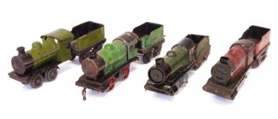 Four Hornby tinplate clockwork locomotives to include 0-4-0 No. 2728 locomotive and four wheel