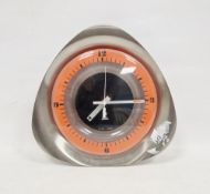 Mid century wall clock of rounded triangular form with orange and black chapter ring, labelled Jaz T