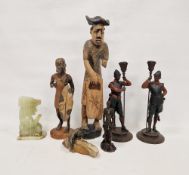 Collection of assorted sculpture, including a carved onyx seated figure, a bronzed wildcat on