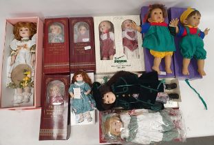 Twelve boxed Alberon dolls, each bisque headed doll, dressed, holding toy, musical instrument,
