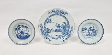 Chinese Export blue and white porcelain plate and two small circular dishes, 18th century, the plate