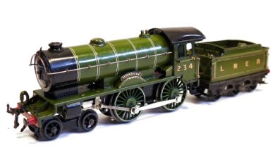 Hornby O gauge, LNER 4-4-0 Yorkshire 234 locomotive and six wheel tender, converted from clockwork