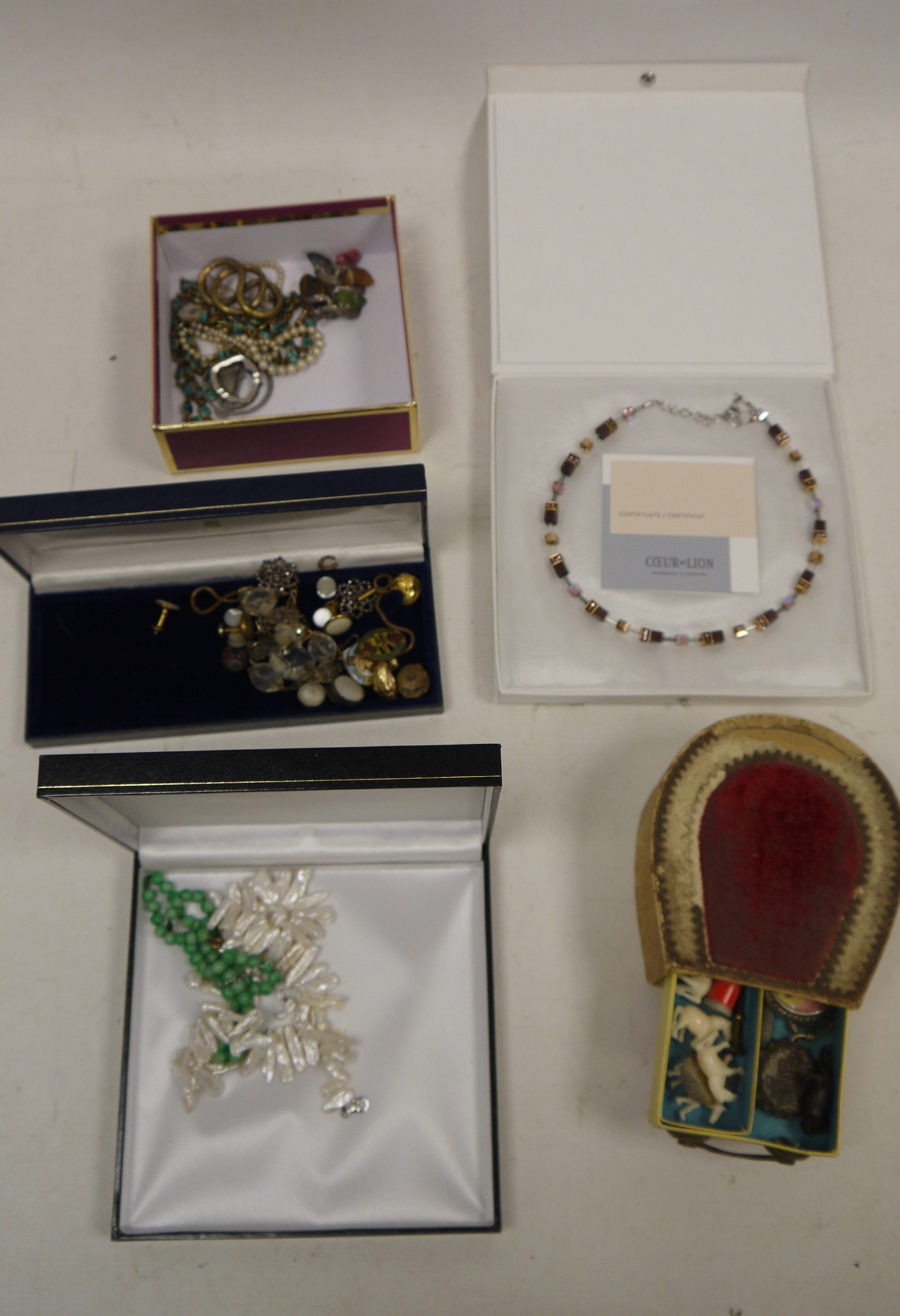 Quantity tie bars, costume jewellery, two drawer horseshoe-shaped cardboard jewel box, quantity - Image 2 of 2