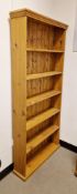 20th century pine bookshelf having six shelves, 187cm high x 86cm wide x 21cm deep