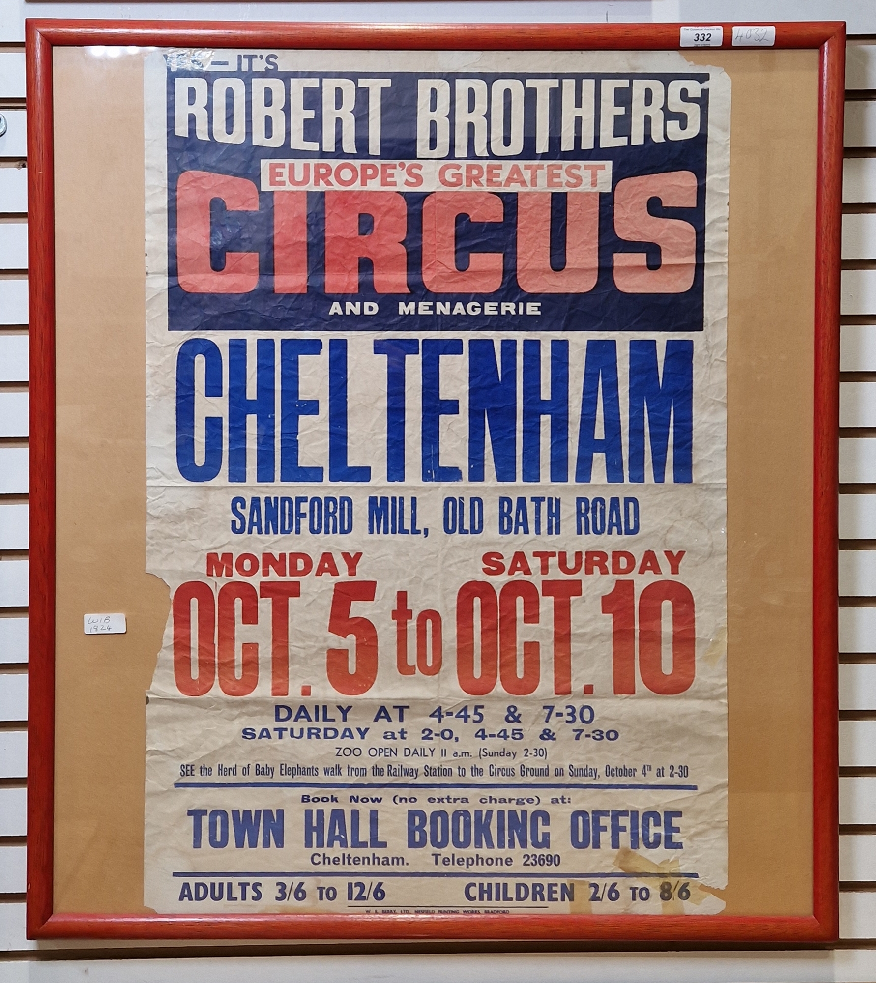 Vintage circus poster for Robert Brothers Circus and Menagerie, Cheltenham show at Sandford Mill,