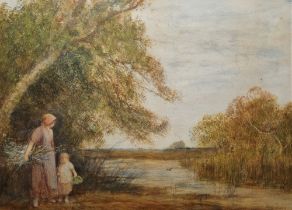 Theodore Hines (1810-1890) Watercolour 'Faggot gatherer and child in river setting', signed lower
