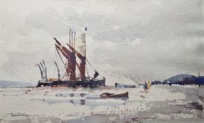 David Gapper (20th century) Watercolour Coastal scene with moored boats and figures on shoreline,