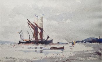 David Gapper (20th century) Watercolour Coastal scene with moored boats and figures on shoreline,