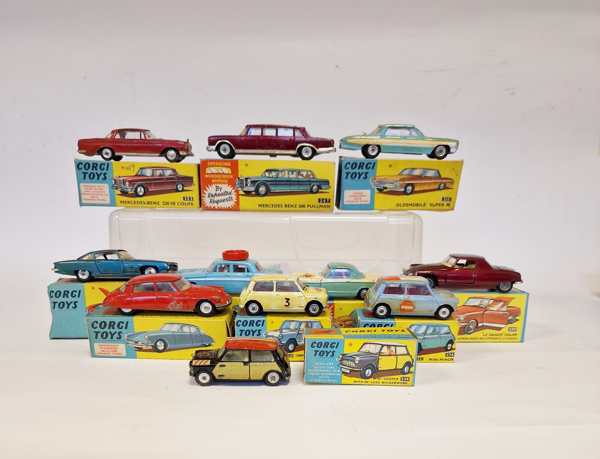 Quantity of playworn Corgi Toys with boxes (flap cut) to include 247 Mercedes Benz 600 Pulman, 253