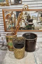 Assorted coal buckets and scuttles including a 19th century tapering cylindrical two-handled brown