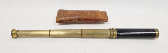 19th century three-draw telescope, brass with stained wooden handle, measuring approximately 40cm