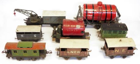Two boxes of Hornby and other goods rolling stock to include LNER 10 tons crane, 13t 163502 open