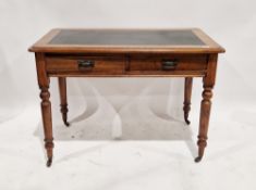 Victorian mahogany desk having tooled leather top raised over two single drawers, each with ornate