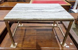 A modern marble-topped coffee table of rectangular form raised upon a brass base, measuring approx