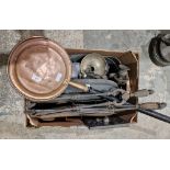 Assorted metalware including a Victorian copper bed warming pan, assorted fire tools,