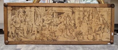 Early 20th century oak-framed machine woven tapestry panel, depicting a French tavern scene with