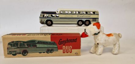 Stone, Japan tinplate Scenicruiser Greyhound bus in blue and white, boxed, and a clockwork orange