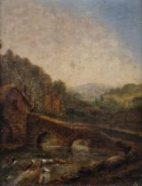 19th century school Oil on panel Rural scene with figure seated on river bank next to a bridge and
