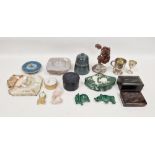 Collection of carved stone boxes, clocks and other ornaments including a model of a tree,